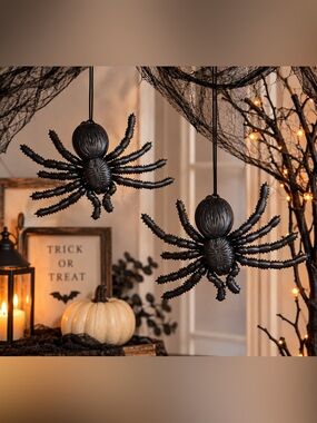 Black Hanging Halloween Spiders Set of 2 Spooky Decor